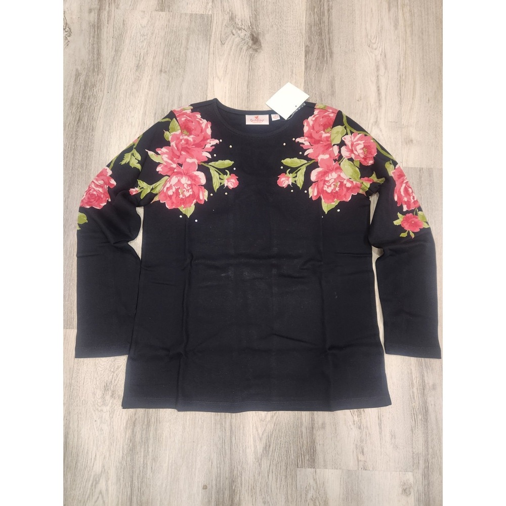 Quacker Factory Women's Top Sz Small Winter Rose Garden Black A675837 NWT‎